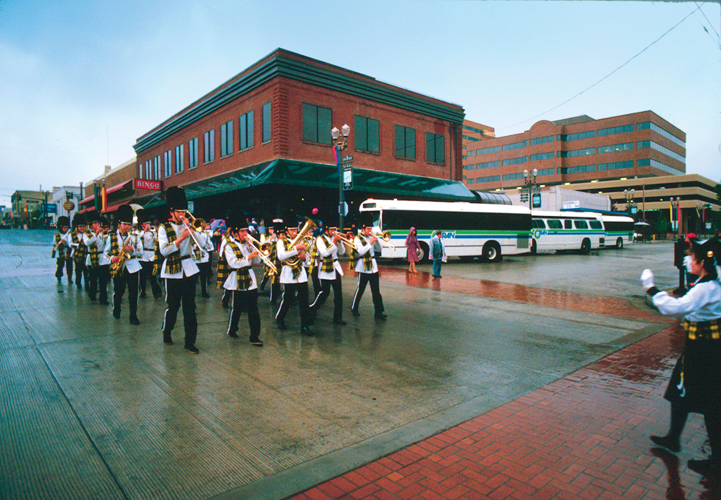 Band members play for a parade marking the opening of the Seventh Street Transit Center in 1984.